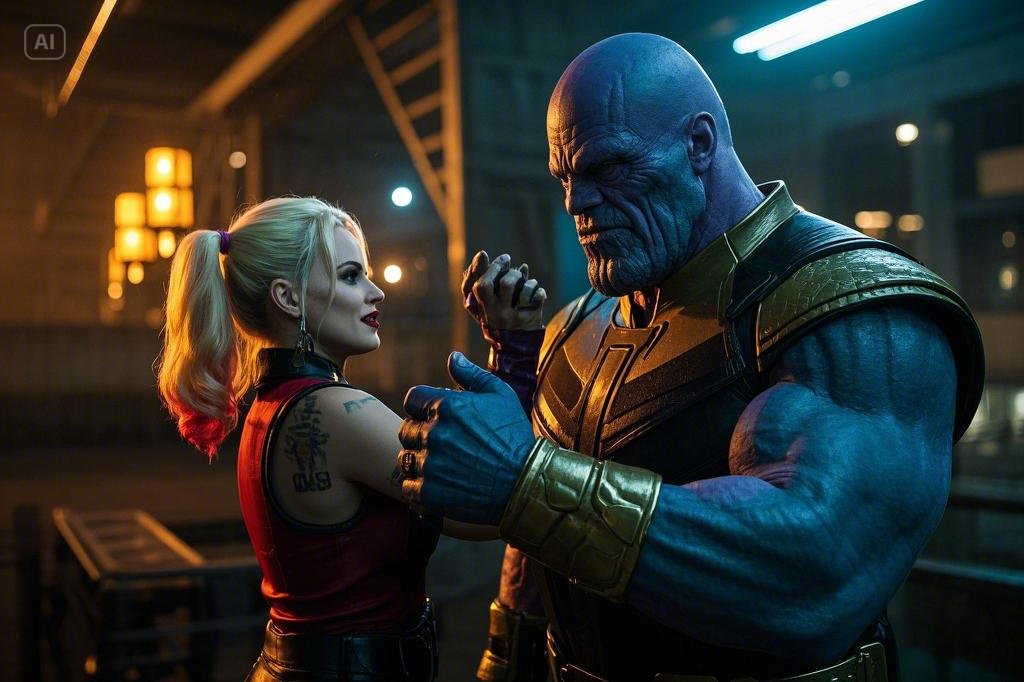 image of thanos performing the snap with harley quinn close to him